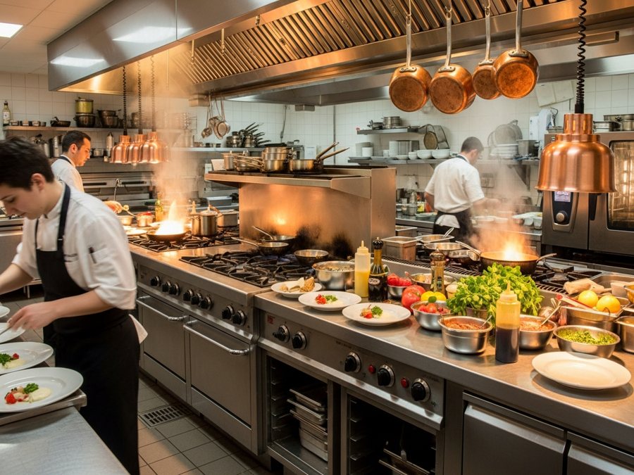 Cocina industrial con equipo profesional